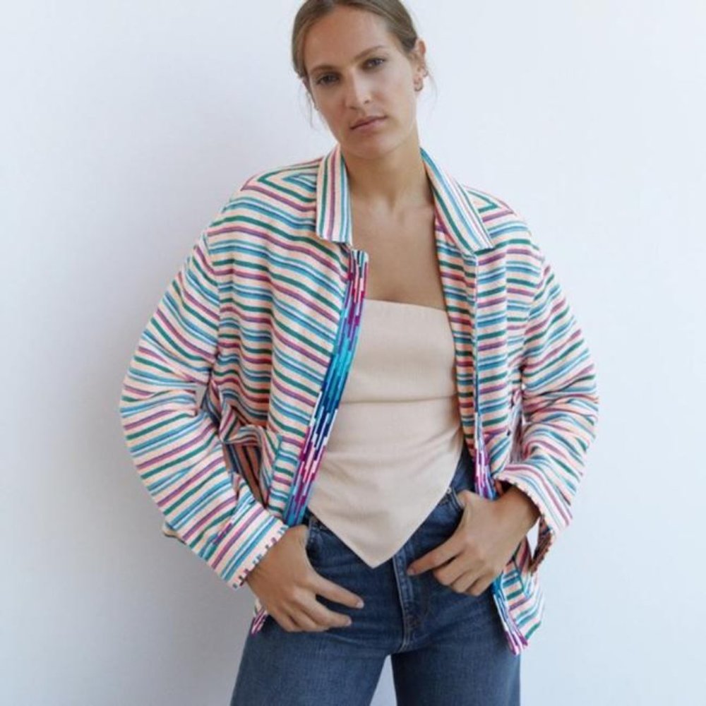 Zara | Multicolored Textured Weave Rainbow Striped Jacket NWT